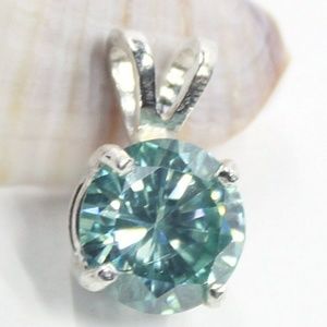 Blue Green Moissanite Solitaire Necklace 925 Sterling Silver 1.5 cts Round